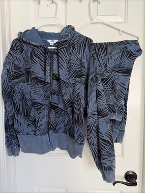 JoyLab Tropical Leaf Print Zip Hoodie and Sweatpants Set - Blue & Black
